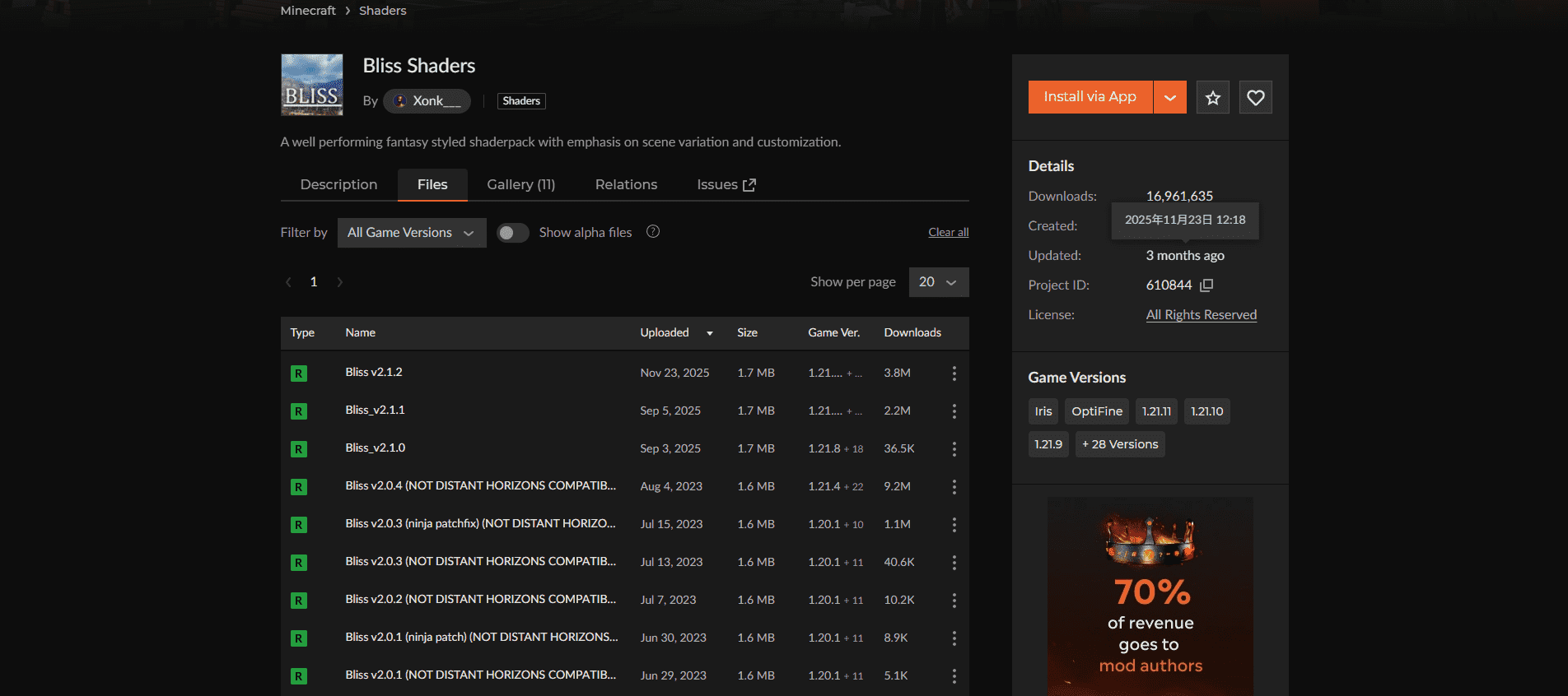 CurseForgeのダウンロードページ