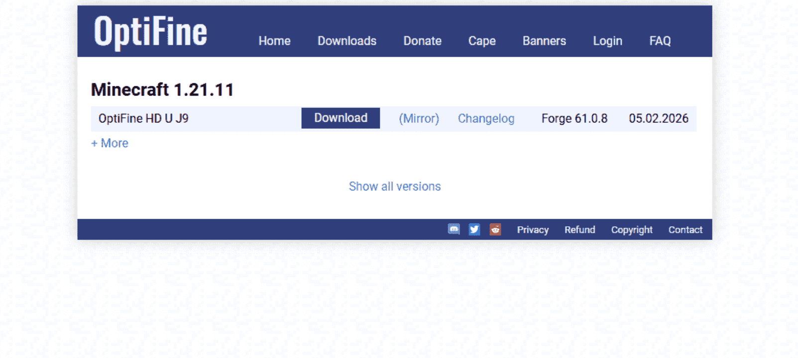 OptiFineのダウンロードページ